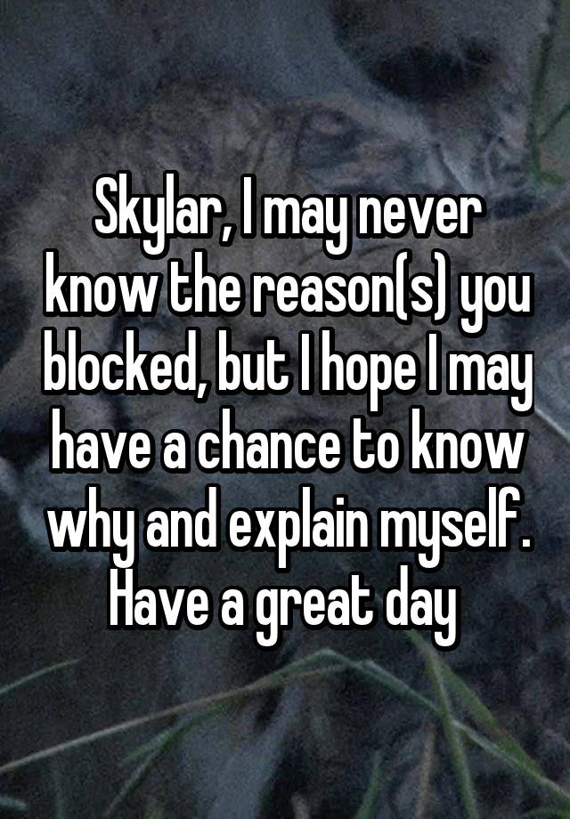 Skylar, I may never know the reason(s) you blocked, but I hope I may have a chance to know why and explain myself. Have a great day 