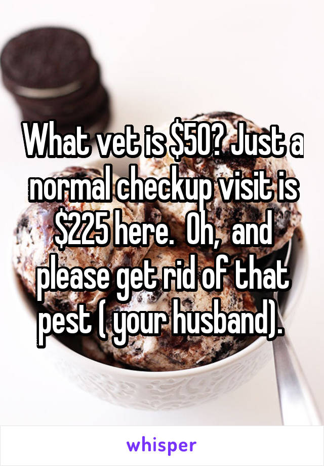 What vet is $50? Just a normal checkup visit is $225 here.  Oh,  and please get rid of that pest ( your husband). 