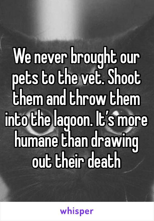 We never brought our pets to the vet. Shoot them and throw them into the lagoon. It’s more humane than drawing out their death