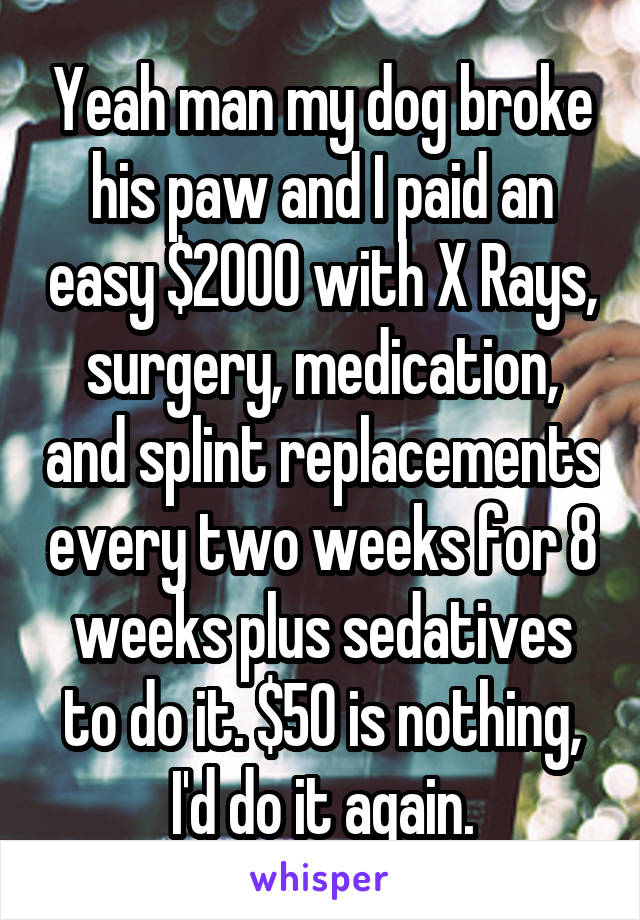 Yeah man my dog broke his paw and I paid an easy $2000 with X Rays, surgery, medication, and splint replacements every two weeks for 8 weeks plus sedatives to do it. $50 is nothing, I'd do it again.