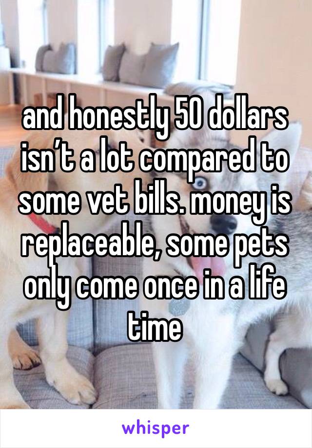 and honestly 50 dollars isn’t a lot compared to some vet bills. money is replaceable, some pets only come once in a life time 