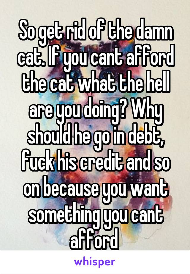 So get rid of the damn cat. If you cant afford the cat what the hell are you doing? Why should he go in debt, fuck his credit and so on because you want something you cant afford 