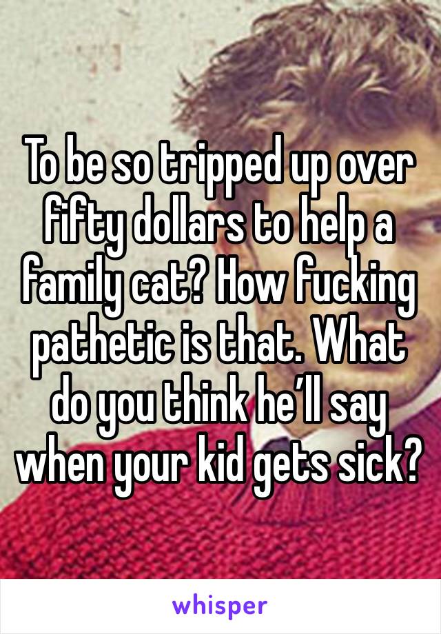 To be so tripped up over fifty dollars to help a family cat? How fucking pathetic is that. What do you think he’ll say when your kid gets sick?