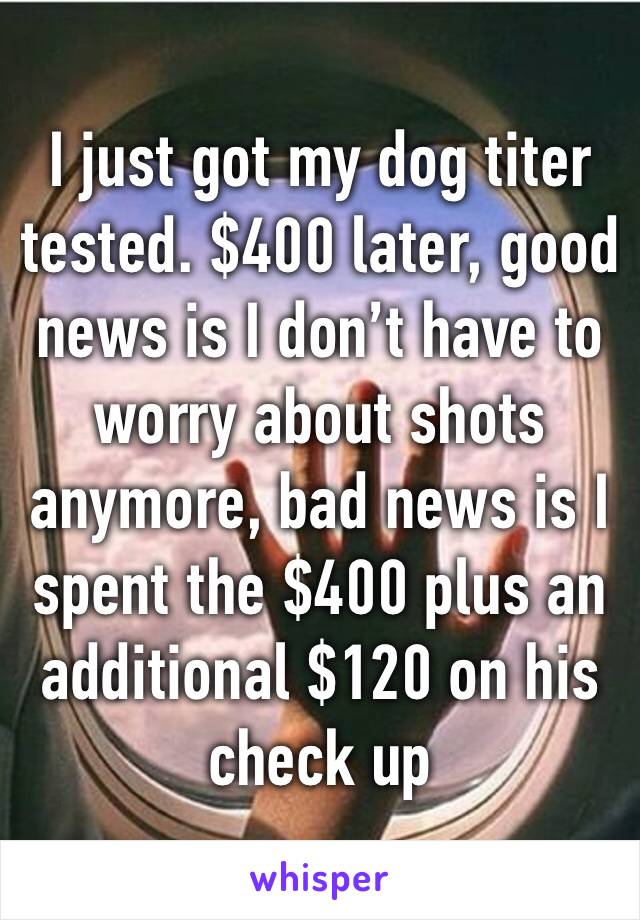 I just got my dog titer tested. $400 later, good news is I don’t have to worry about shots anymore, bad news is I spent the $400 plus an additional $120 on his check up