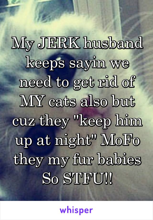 My JERK husband keeps sayin we need to get rid of MY cats also but cuz they "keep him up at night" MoFo they my fur babies So STFU!!