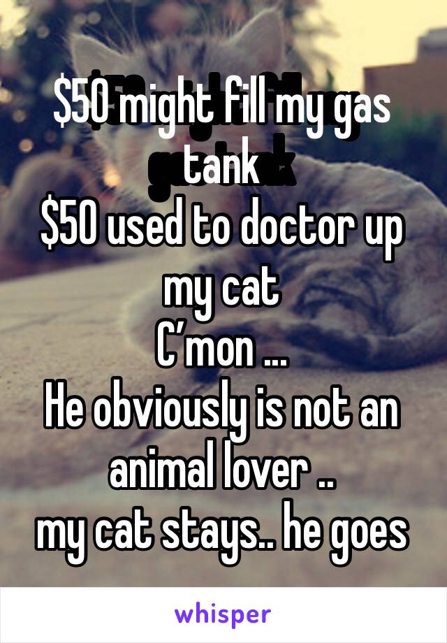 $50 might fill my gas tank
$50 used to doctor up my cat 
C’mon ...
He obviously is not an animal lover .. 
my cat stays.. he goes