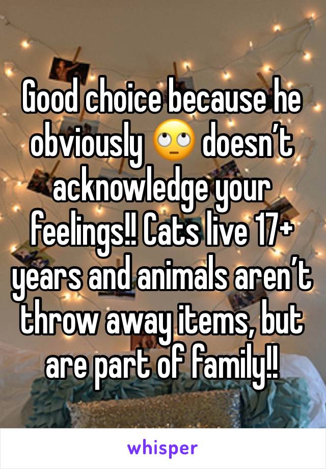 Good choice because he obviously 🙄 doesn’t acknowledge your feelings!! Cats live 17+ years and animals aren’t throw away items, but are part of family!!