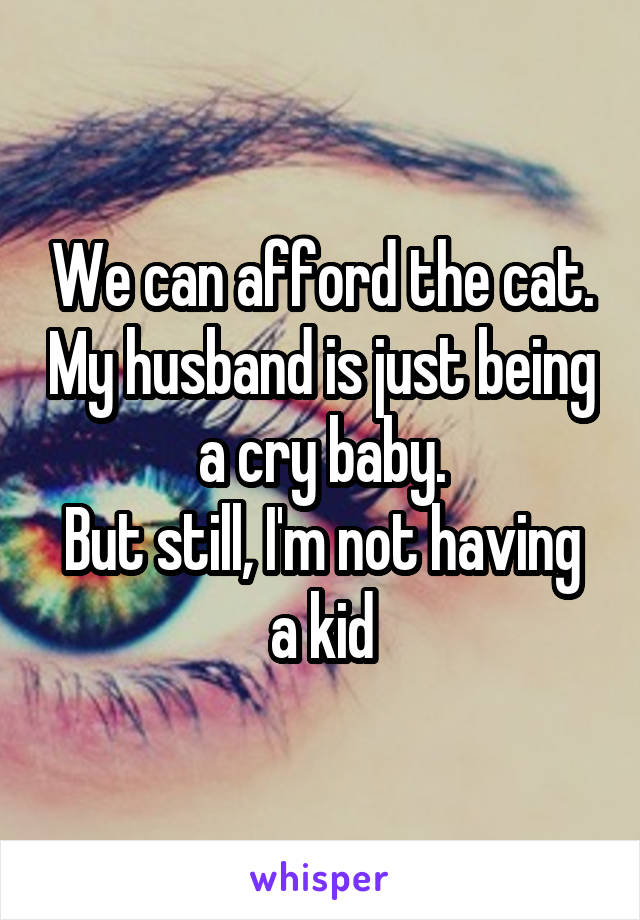 We can afford the cat. My husband is just being a cry baby.
But still, I'm not having a kid