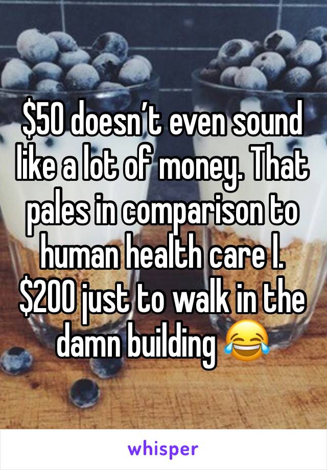 $50 doesn’t even sound like a lot of money. That pales in comparison to human health care l. $200 just to walk in the damn building 😂