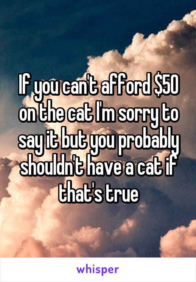 If you can't afford $50 on the cat I'm sorry to say it but you probably shouldn't have a cat if that's true