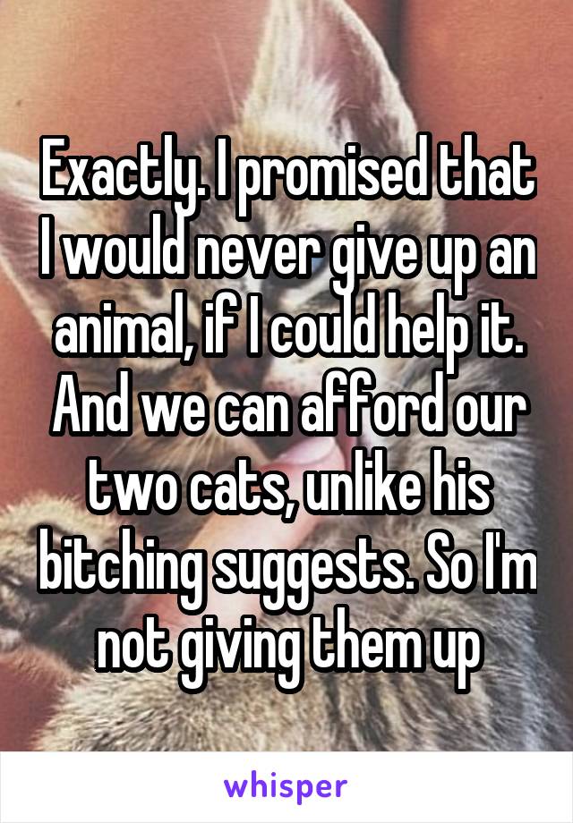 Exactly. I promised that I would never give up an animal, if I could help it. And we can afford our two cats, unlike his bitching suggests. So I'm not giving them up