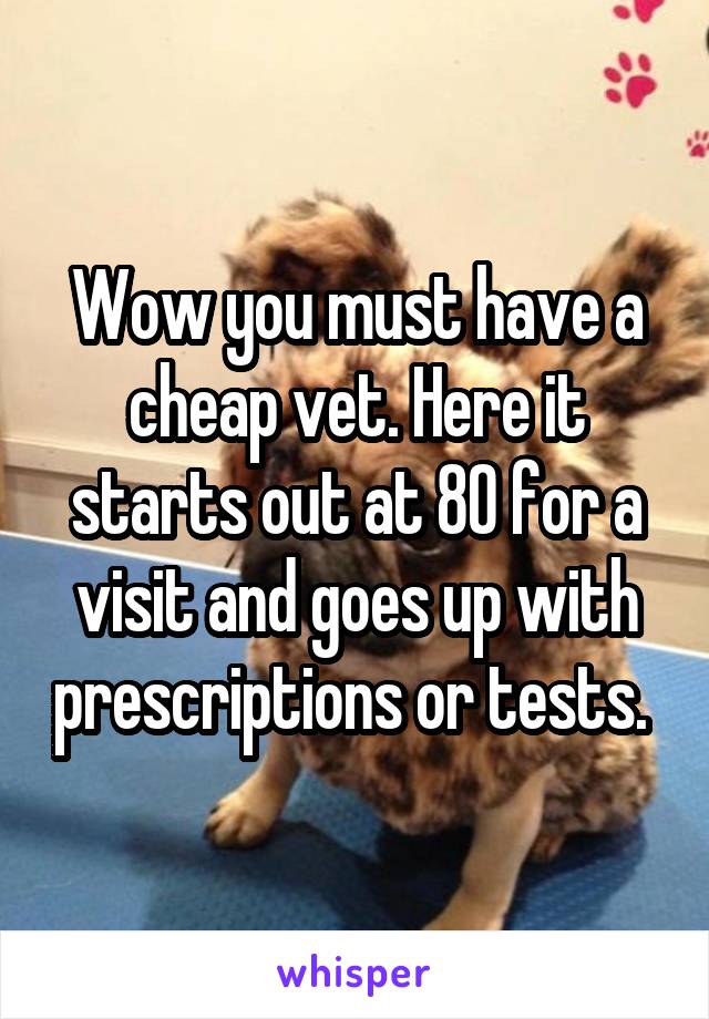 Wow you must have a cheap vet. Here it starts out at 80 for a visit and goes up with prescriptions or tests. 