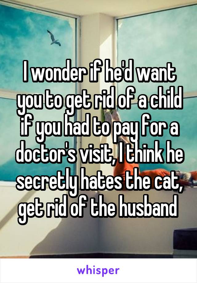 I wonder if he'd want you to get rid of a child if you had to pay for a doctor's visit, I think he secretly hates the cat, get rid of the husband 