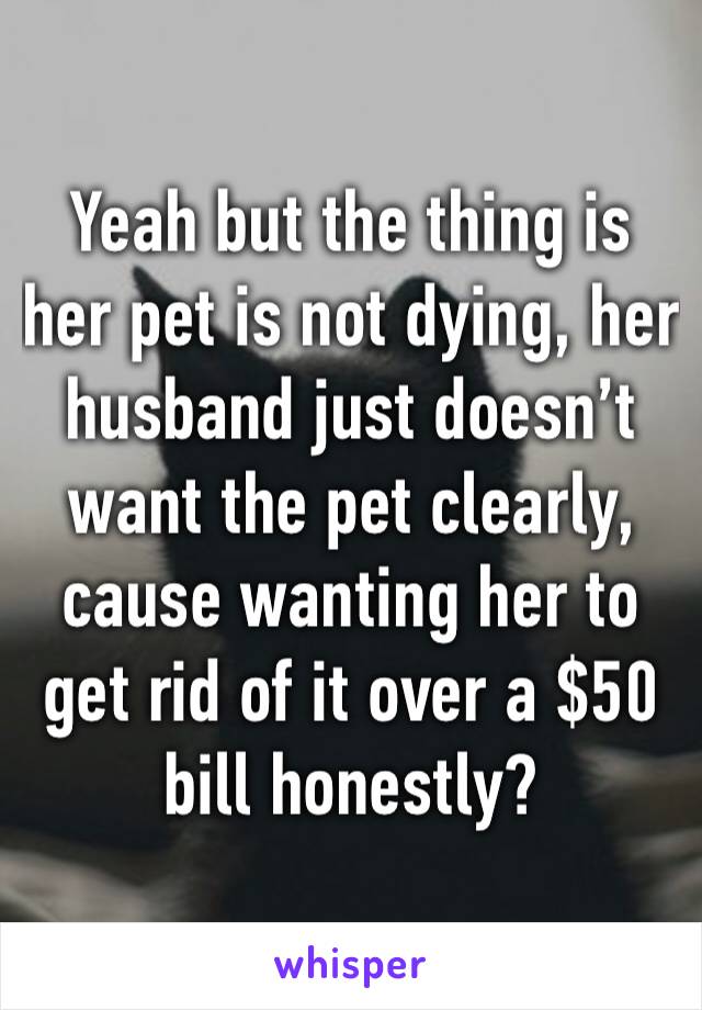 Yeah but the thing is her pet is not dying, her husband just doesn’t want the pet clearly, cause wanting her to get rid of it over a $50 bill honestly?