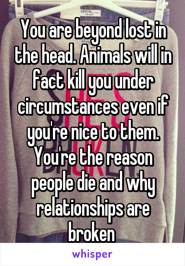 You are beyond lost in the head. Animals will in fact kill you under circumstances even if you're nice to them. You're the reason people die and why relationships are broken 