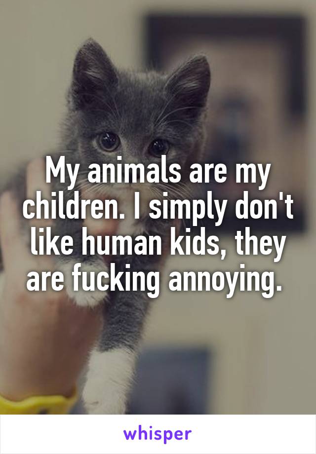 My animals are my children. I simply don't like human kids, they are fucking annoying. 