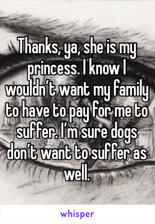 Thanks, ya, she is my princess. I know I wouldn’t want my family to have to pay for me to suffer. I’m sure dogs don’t want to suffer as well. 