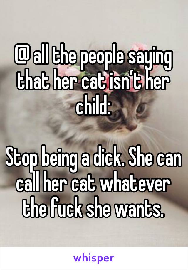 @ all the people saying that her cat isn’t her child:

Stop being a dick. She can call her cat whatever the fuck she wants. 