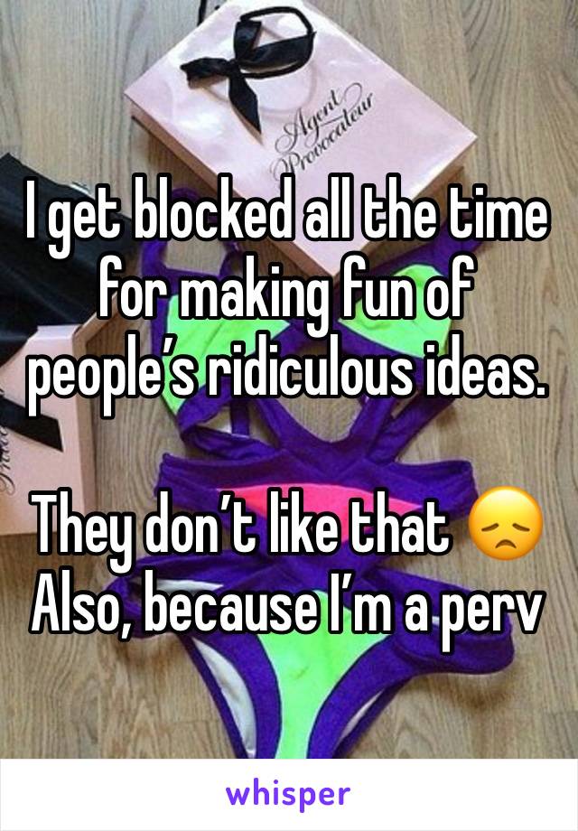 I get blocked all the time for making fun of people’s ridiculous ideas. 

They don’t like that 😞
Also, because I’m a perv 