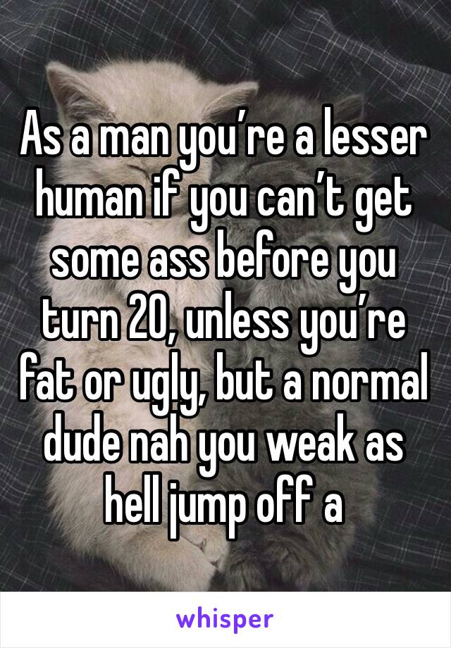 As a man you’re a lesser human if you can’t get some ass before you turn 20, unless you’re fat or ugly, but a normal dude nah you weak as hell jump off a 