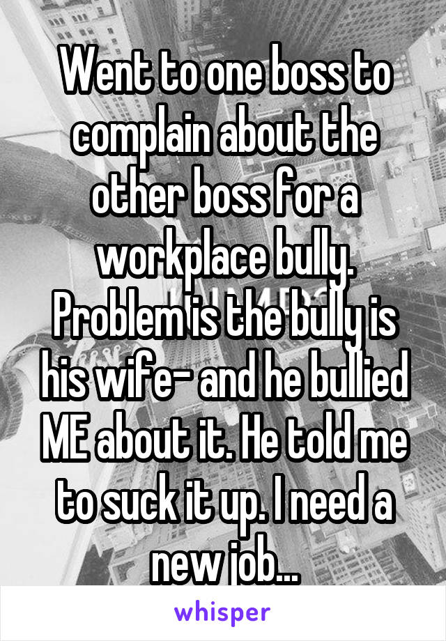 Went to one boss to complain about the other boss for a workplace bully. Problem is the bully is his wife- and he bullied ME about it. He told me to suck it up. I need a new job...