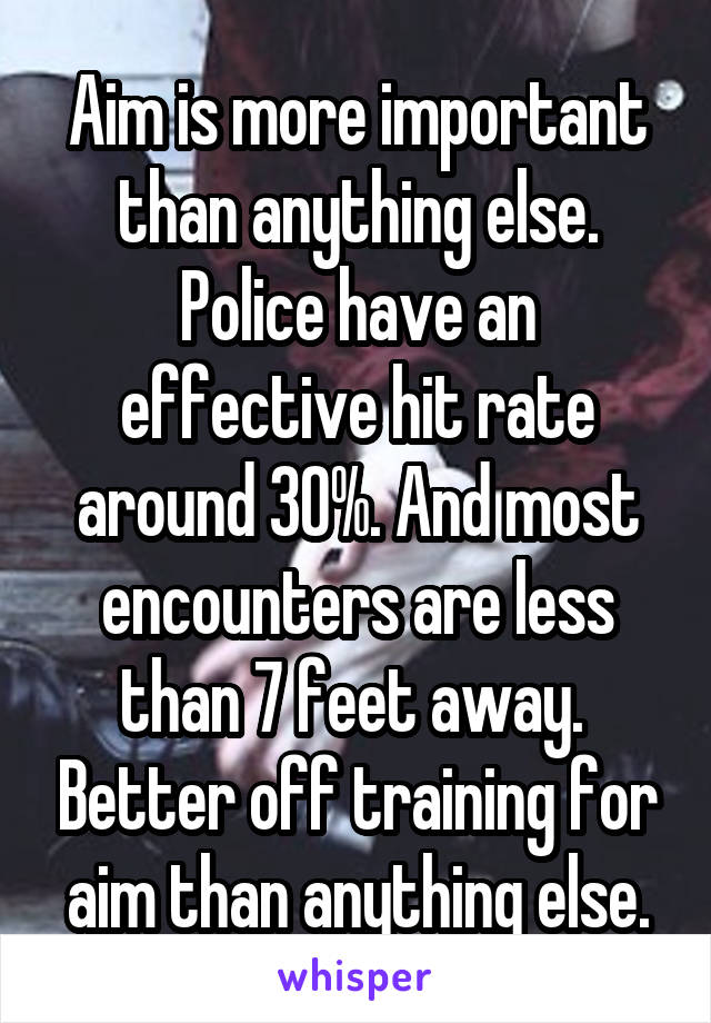 Aim is more important than anything else. Police have an effective hit rate around 30%. And most encounters are less than 7 feet away.  Better off training for aim than anything else.