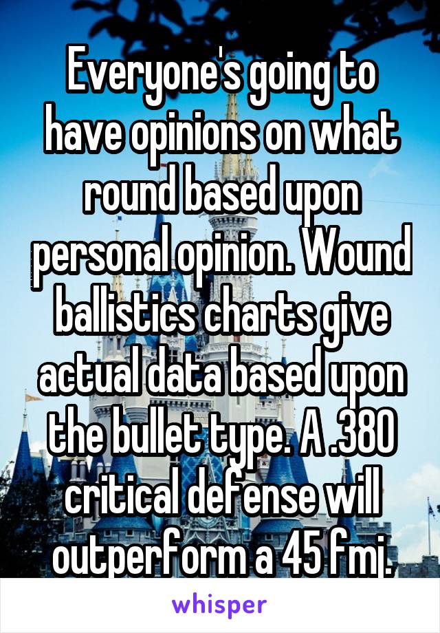 Everyone's going to have opinions on what round based upon personal opinion. Wound ballistics charts give actual data based upon the bullet type. A .380 critical defense will outperform a 45 fmj.