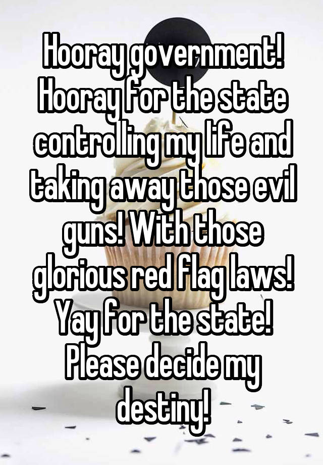 Hooray government! Hooray for the state controlling my life and taking away those evil guns! With those glorious red flag laws! Yay for the state! Please decide my destiny!