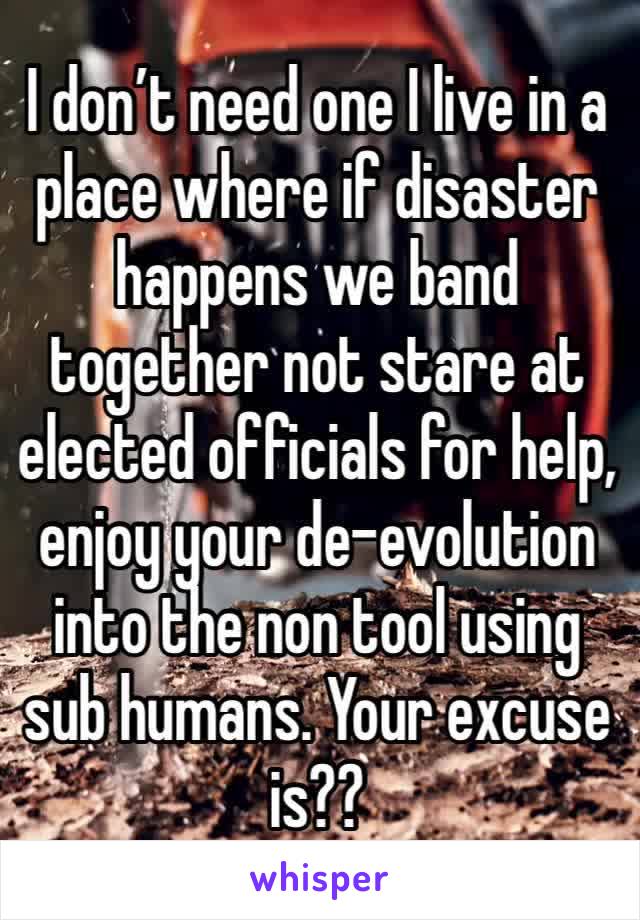 I don’t need one I live in a place where if disaster happens we band together not stare at elected officials for help, enjoy your de-evolution into the non tool using sub humans. Your excuse is??