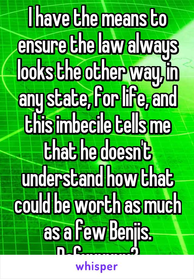 I have the means to ensure the law always looks the other way, in any state, for life, and this imbecile tells me that he doesn't understand how that could be worth as much as a few Benjis. Dafuuuuuu?