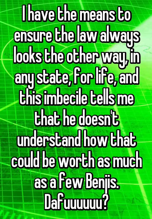 I have the means to ensure the law always looks the other way, in any state, for life, and this imbecile tells me that he doesn't understand how that could be worth as much as a few Benjis. Dafuuuuuu?