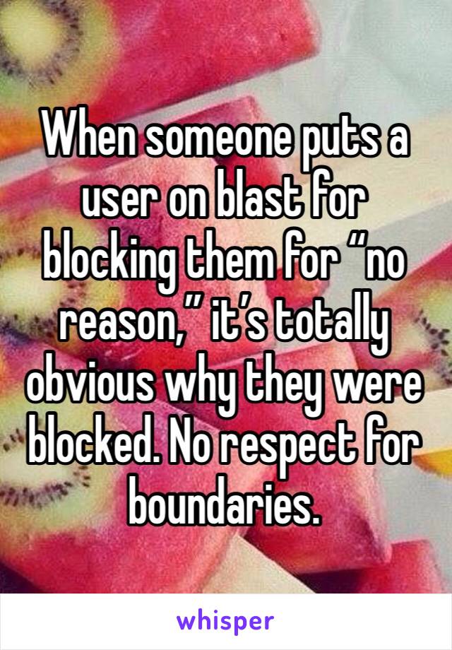 When someone puts a user on blast for blocking them for “no reason,” it’s totally obvious why they were blocked. No respect for boundaries.