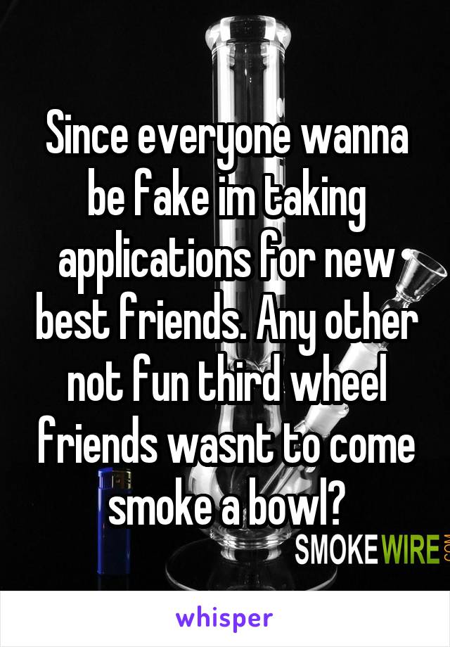 Since everyone wanna be fake im taking applications for new best friends. Any other not fun third wheel friends wasnt to come smoke a bowl?