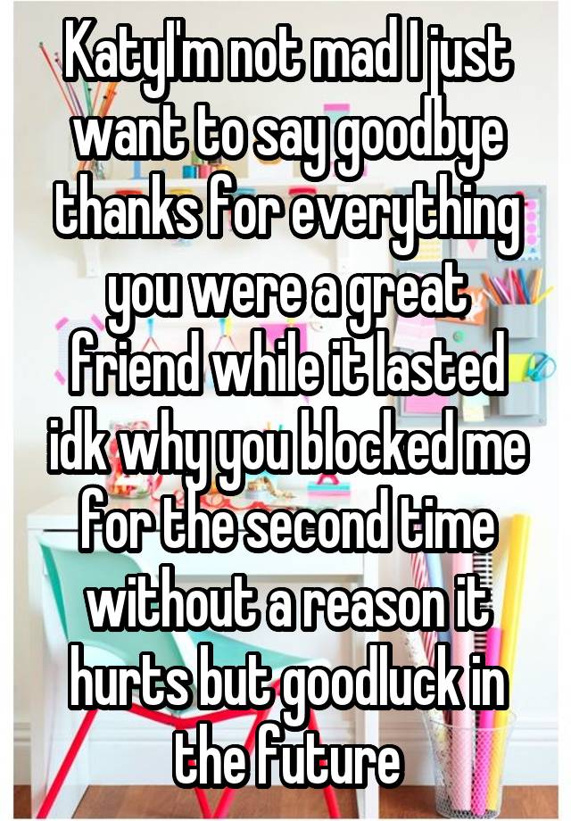 KatyI'm not mad I just want to say goodbye thanks for everything you were a great friend while it lasted idk why you blocked me for the second time without a reason it hurts but goodluck in the future