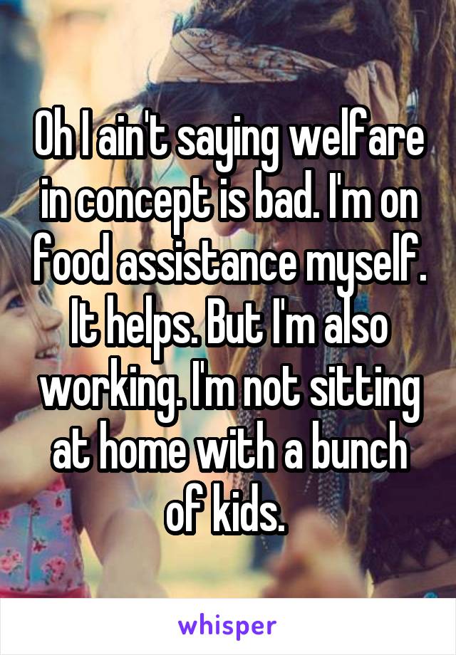 Oh I ain't saying welfare in concept is bad. I'm on food assistance myself. It helps. But I'm also working. I'm not sitting at home with a bunch of kids. 