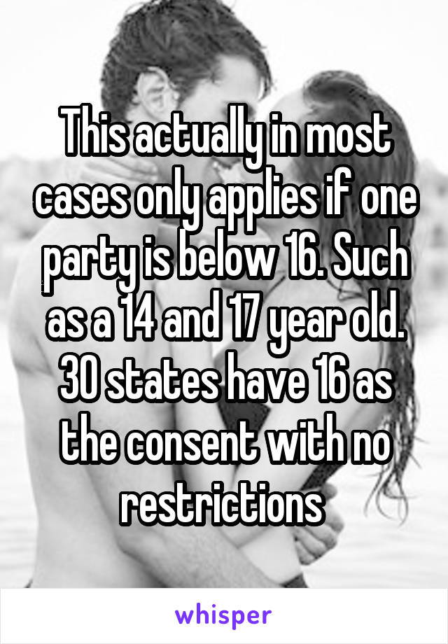 This actually in most cases only applies if one party is below 16. Such as a 14 and 17 year old. 30 states have 16 as the consent with no restrictions 