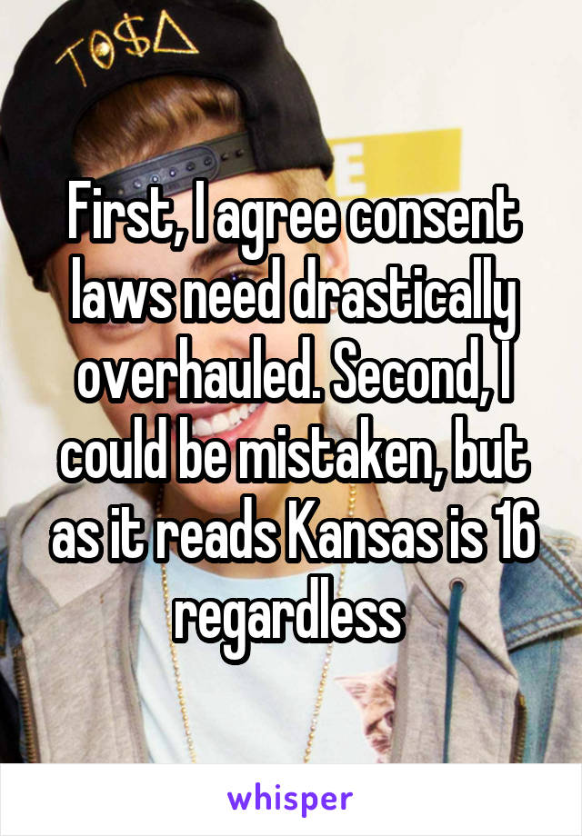 First, I agree consent laws need drastically overhauled. Second, I could be mistaken, but as it reads Kansas is 16 regardless 