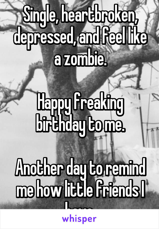 Single, heartbroken, depressed, and feel like a zombie.

Happy freaking birthday to me.

Another day to remind me how little friends I have.
