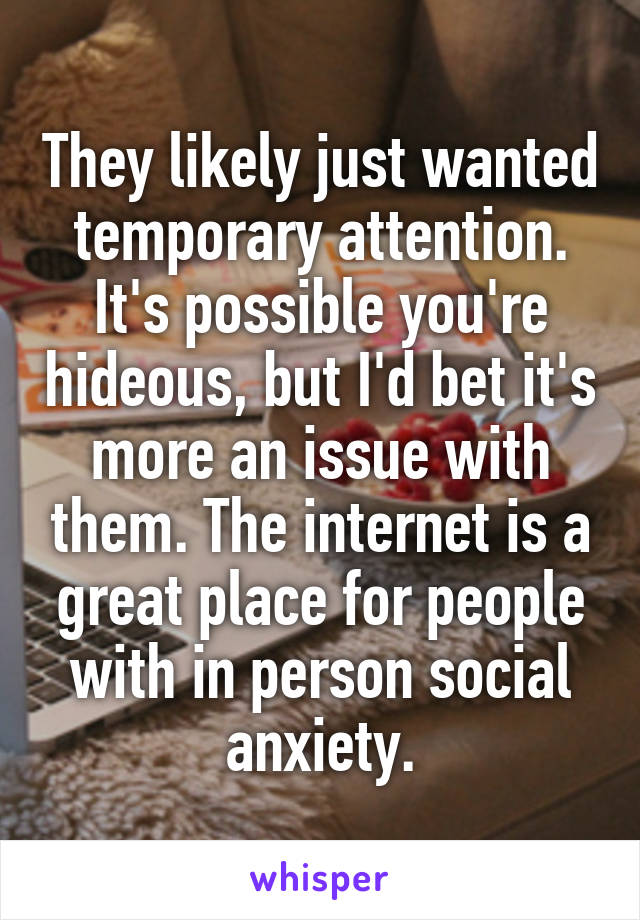 They likely just wanted temporary attention. It's possible you're hideous, but I'd bet it's more an issue with them. The internet is a great place for people with in person social anxiety.