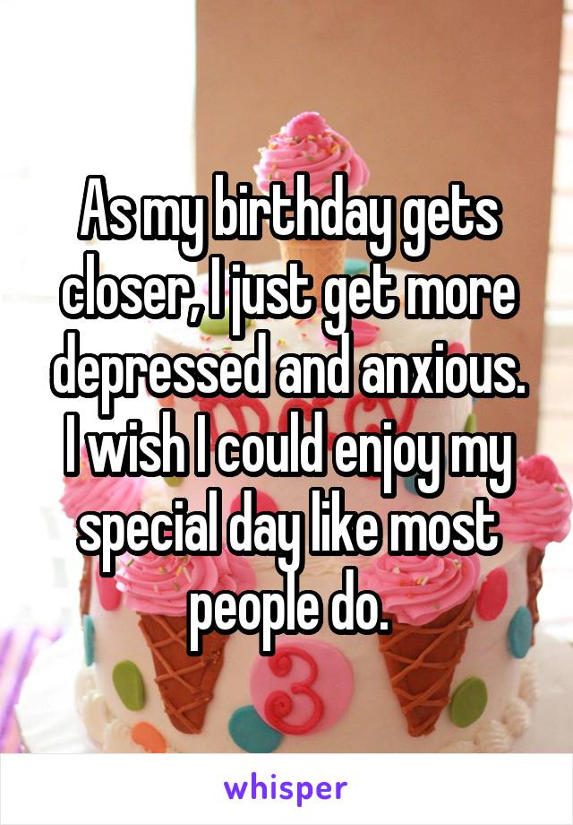 As my birthday gets closer, I just get more depressed and anxious.
I wish I could enjoy my special day like most people do.