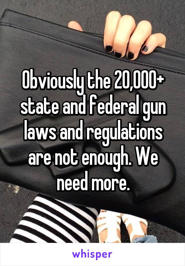 Obviously the 20,000+ state and federal gun laws and regulations are not enough. We need more.