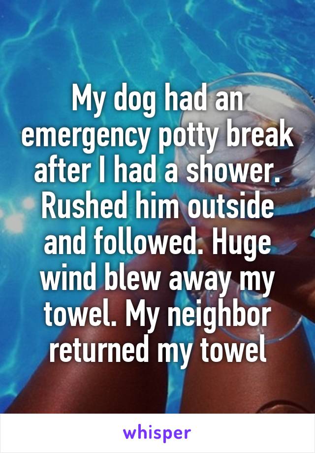 My dog had an emergency potty break after I had a shower. Rushed him outside and followed. Huge wind blew away my towel. My neighbor returned my towel