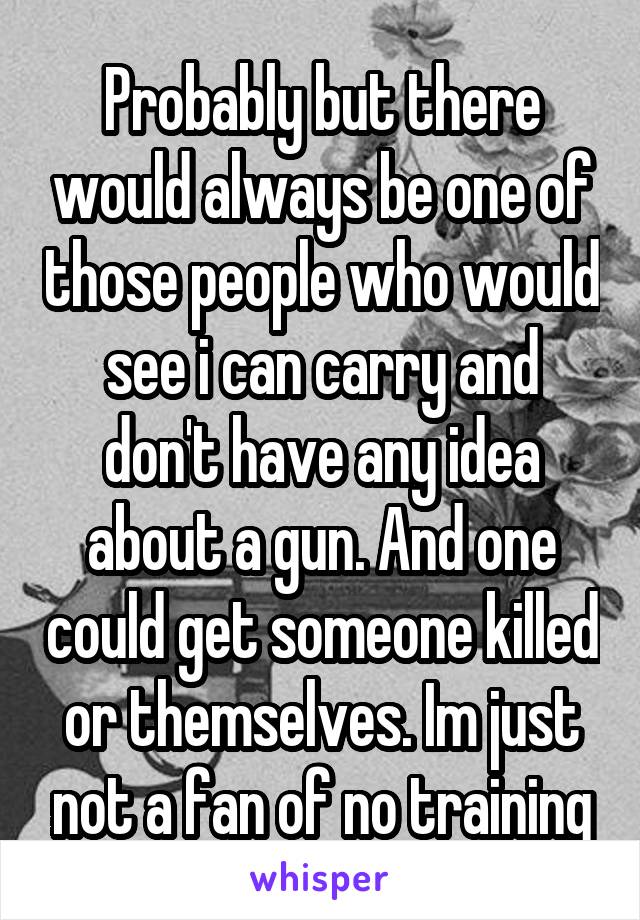 Probably but there would always be one of those people who would see i can carry and don't have any idea about a gun. And one could get someone killed or themselves. Im just not a fan of no training