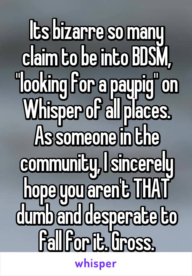 Its bizarre so many claim to be into BDSM, "looking for a paypig" on Whisper of all places. As someone in the community, I sincerely hope you aren't THAT dumb and desperate to fall for it. Gross.