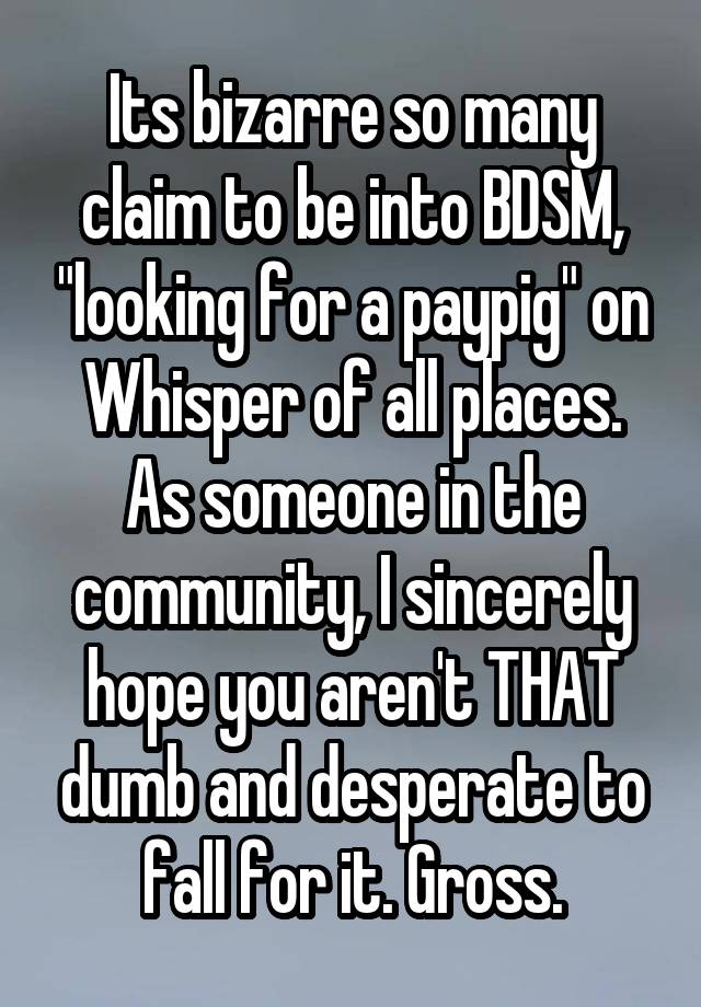 Its bizarre so many claim to be into BDSM, "looking for a paypig" on Whisper of all places. As someone in the community, I sincerely hope you aren't THAT dumb and desperate to fall for it. Gross.