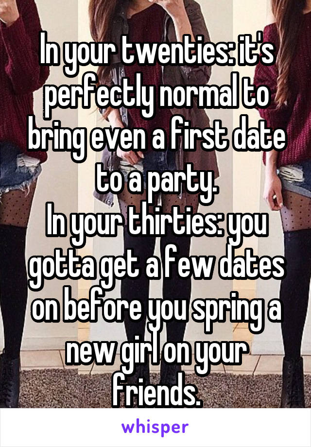 In your twenties: it's perfectly normal to bring even a first date to a party.
In your thirties: you gotta get a few dates on before you spring a new girl on your friends.