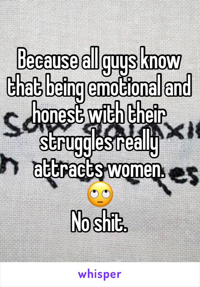 Because all guys know that being emotional and honest with their struggles really attracts women.
🙄
No shit. 