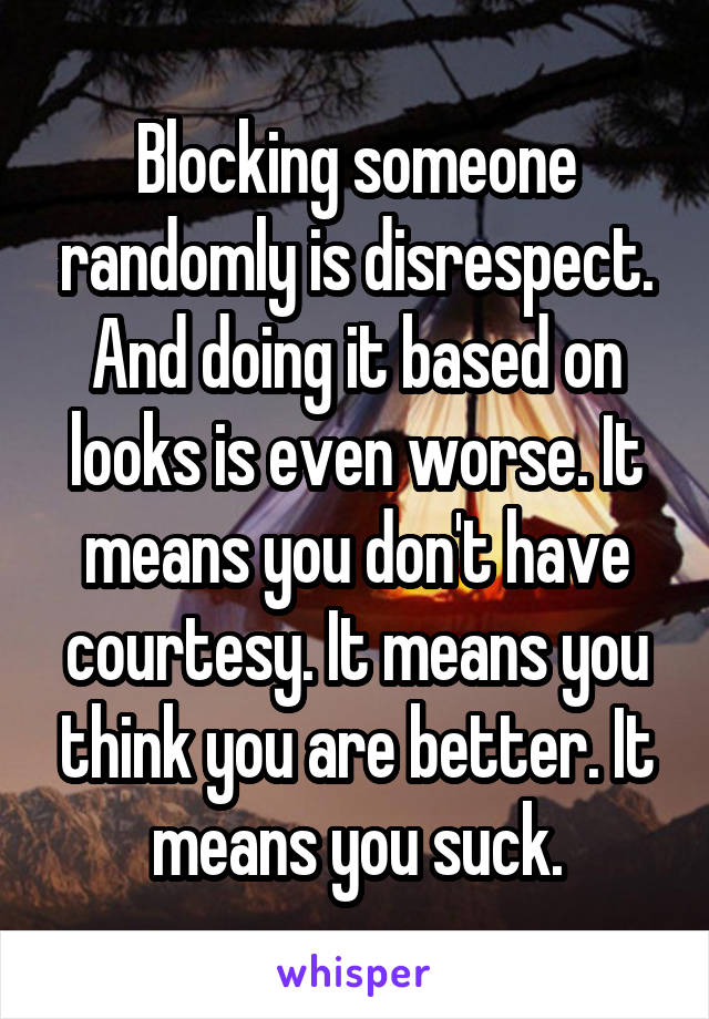 Blocking someone randomly is disrespect. And doing it based on looks is even worse. It means you don't have courtesy. It means you think you are better. It means you suck.