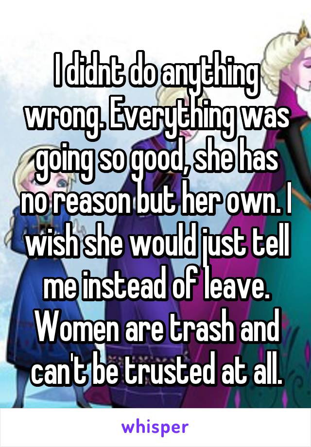 I didnt do anything wrong. Everything was going so good, she has no reason but her own. I wish she would just tell me instead of leave. Women are trash and can't be trusted at all.