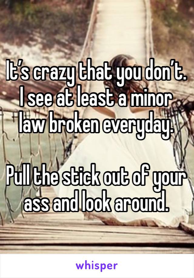 It’s crazy that you don’t. I see at least a minor law broken everyday. 

Pull the stick out of your ass and look around.